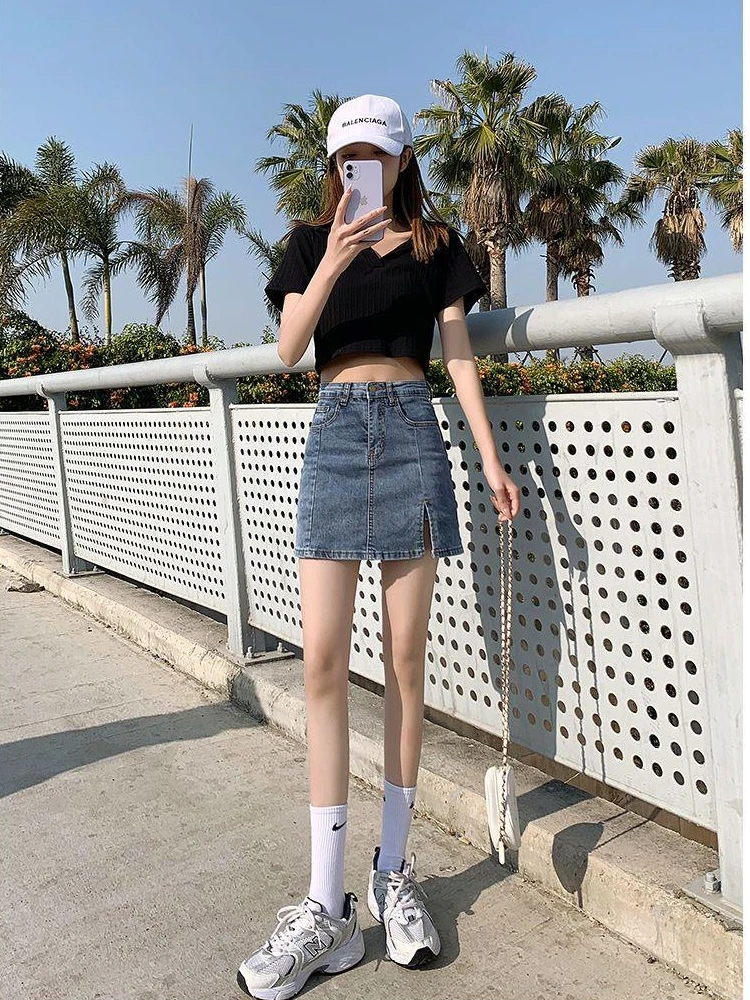 

High Waist A-Line Skirt Women's Denim f-length Summer New plus Size Slimming Versatile Slit Bodycon Skirt Pants