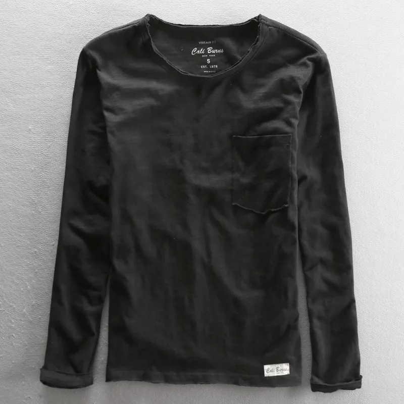 2026 new Fashionable Vintage Solid Bamboo Cotton Long Sleeve O-Neck T-Shirt Male Casual Thin Tops Tees Comfortable Tshirts