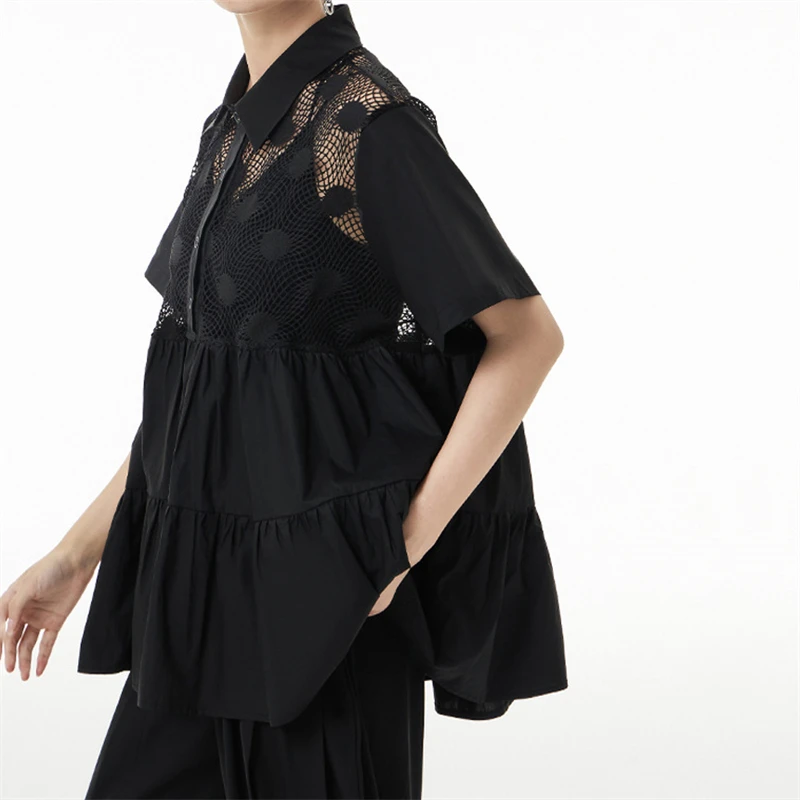 Blusa de costura de renda oca estilo preto feminina, camisa de manga curta, nicho fino e solto, linha A elegante, verão, 2023