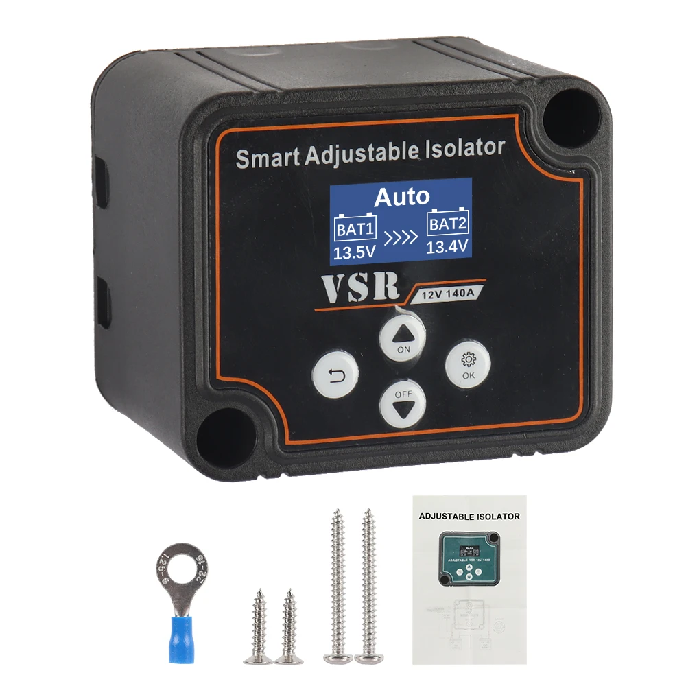 Aislador de batería Dual para coche, aislador inteligente ajustable de carga dividida, pantalla LCD, configuración de voltaje para piezas de Camper, coche, RV, 12V, 140A