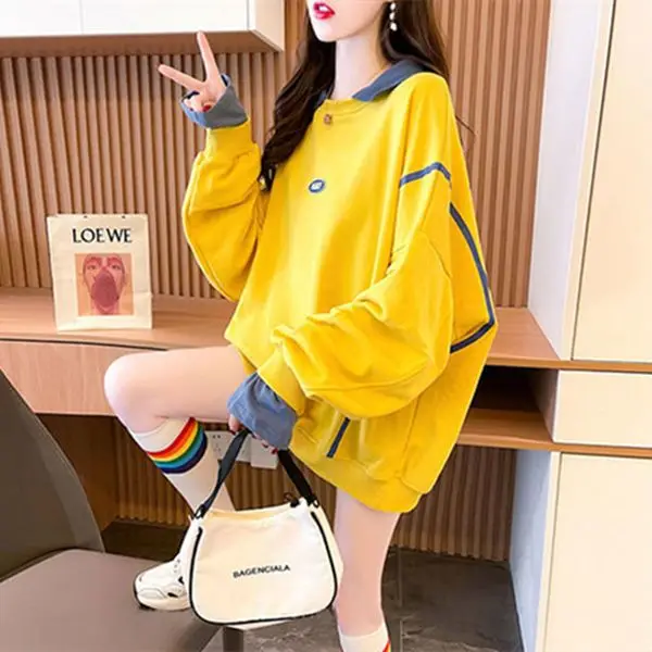 2023 New Spring and Autumn European Edition Loose Oversize Street Style Polo Collar Color Block Fabric Fake Two Piece Sweater