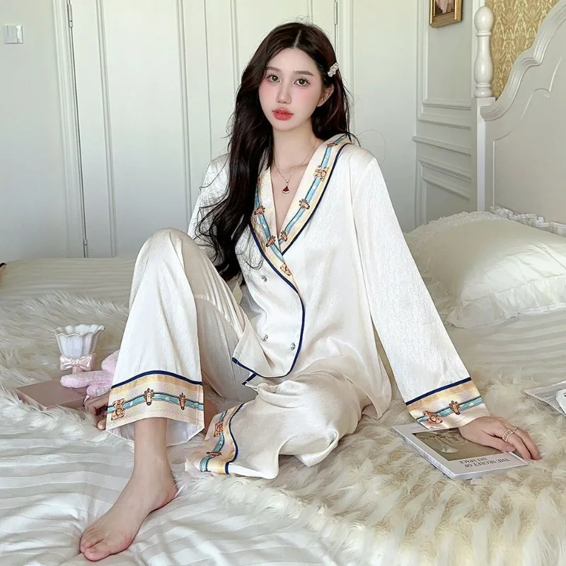 Korean Style Fashionable Women\'s Ice Silk Pajamas Spring New Leisure Thin Nightclothes Set Female High-end Loose Homewear Suit