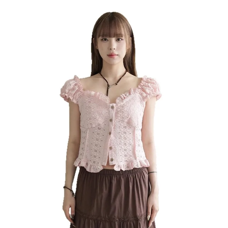 Hmsevenjz 여성용 여름 얇은 자카드 중공 짧은 카디건 탑 패션 여성 의류 용 v 넥 버블 슬리브 셔츠