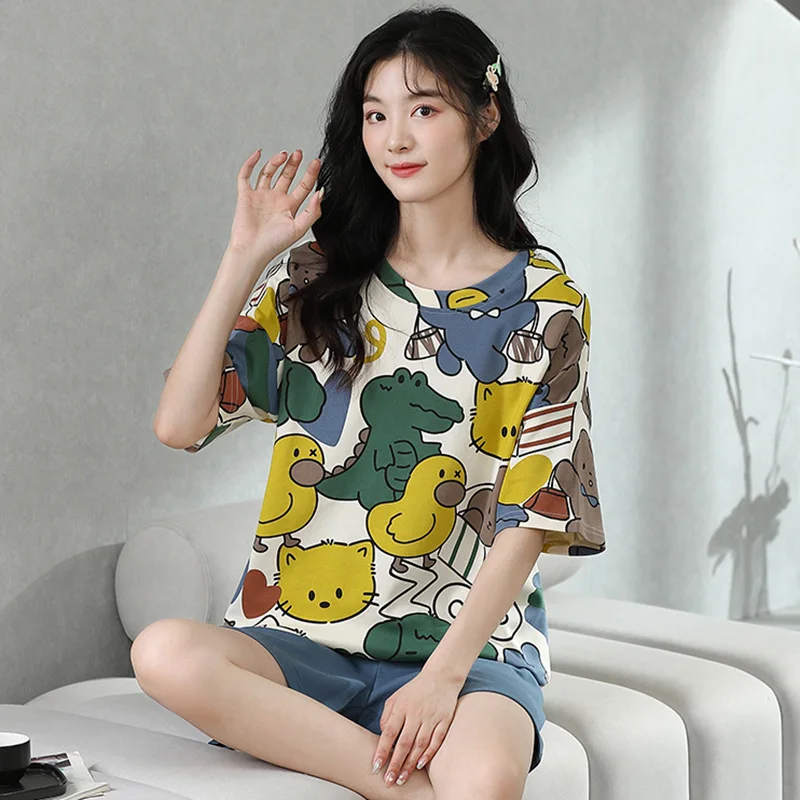 Conjunto de Pijama de Verano 2026 con Estampado de Animales de Dibujos Animados para Mujer, Transpirable, Top de Manga Corta y Pantalones Cortos Azules, Ropa Casual de Dos Piezas