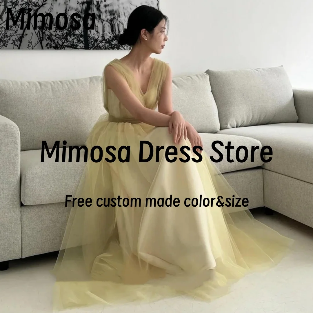

Mimosa Soft Tulle Long Prom Dresses V Neck Sleeveless Bridal Dress for Wedding Party A Line Korea Banquet Gowns Customized