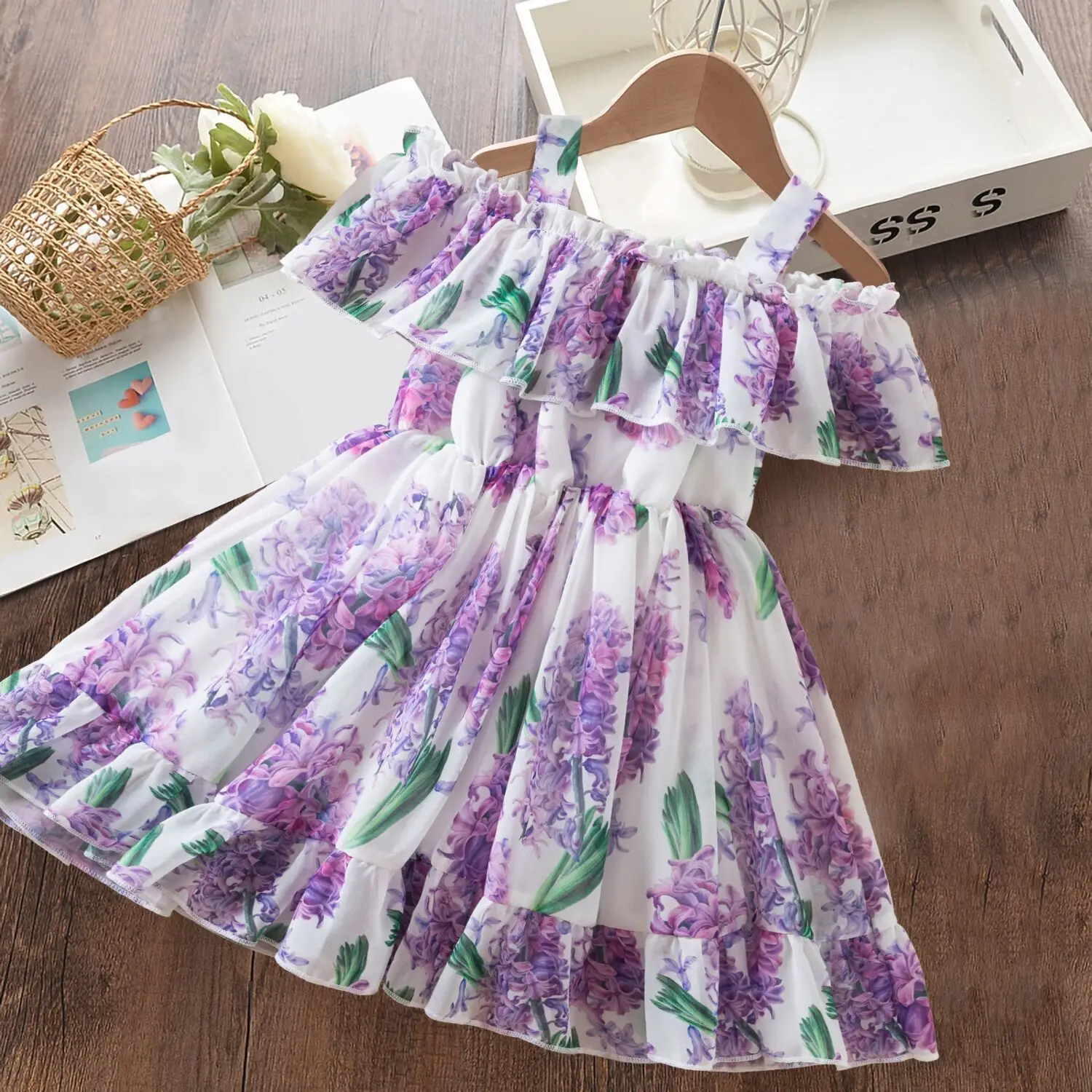 2024 Baby Girls Clothes Summer Children Floral Dress Kids Chiffon Print Clothes Princess Birthday Holiday Casual Clothes 2-6Yrs