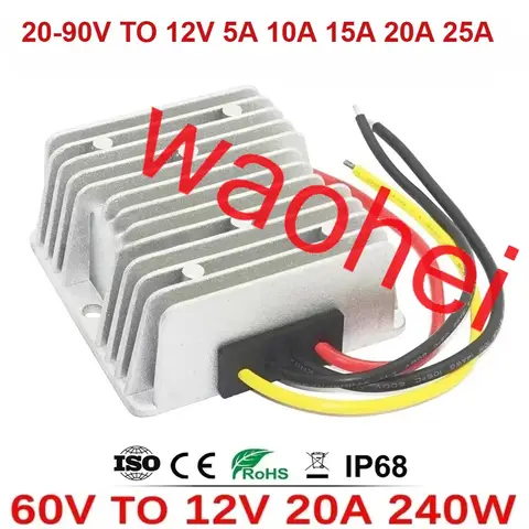 72V 60V 48V 36V 24V to12V 5A 10A 15A 20A 25A Step-down DC DC Converter 20V-90V Voltage Transformer Regulator Car Power Supply