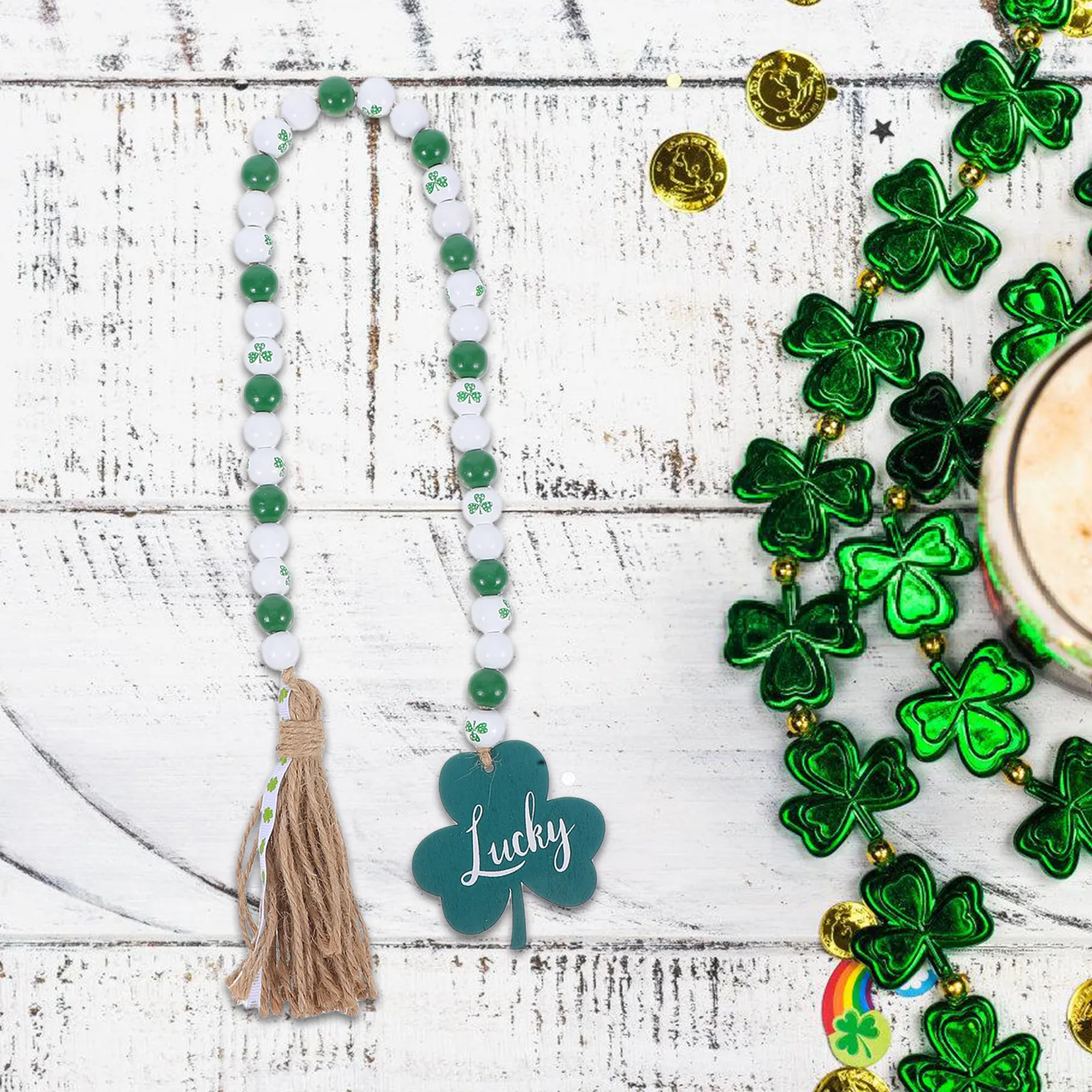 Wooden Bead Garland with Shamrock Tassels – Farmhouse Home Office Party Hanging Decor