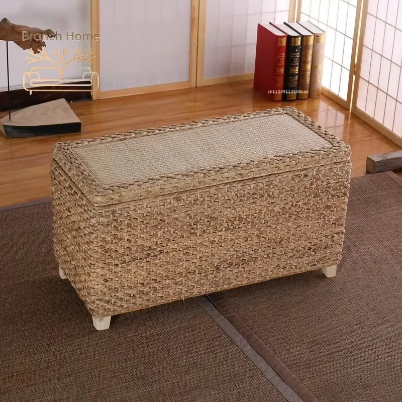 Woven Rattan Storage Stools Solid Wood Entryway Shoe Changing Ottoman Toy Organizer Chest with Lid Multi-Functional Storage Box