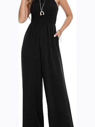 

Women's Casual Pleated Jumpsuit Strapl Monocomatic Folded High Waist Long Pants Spring Thin Fabric Wide Leg Pants