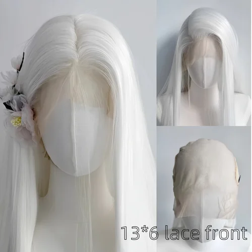 Peluca con malla frontal blanca 13*6 para mujer, pelucas de pelo largo y liso de 26 pulgadas, Peluca de encaje sintético de fibras de alta calidad, Peluca natural para Cosplay