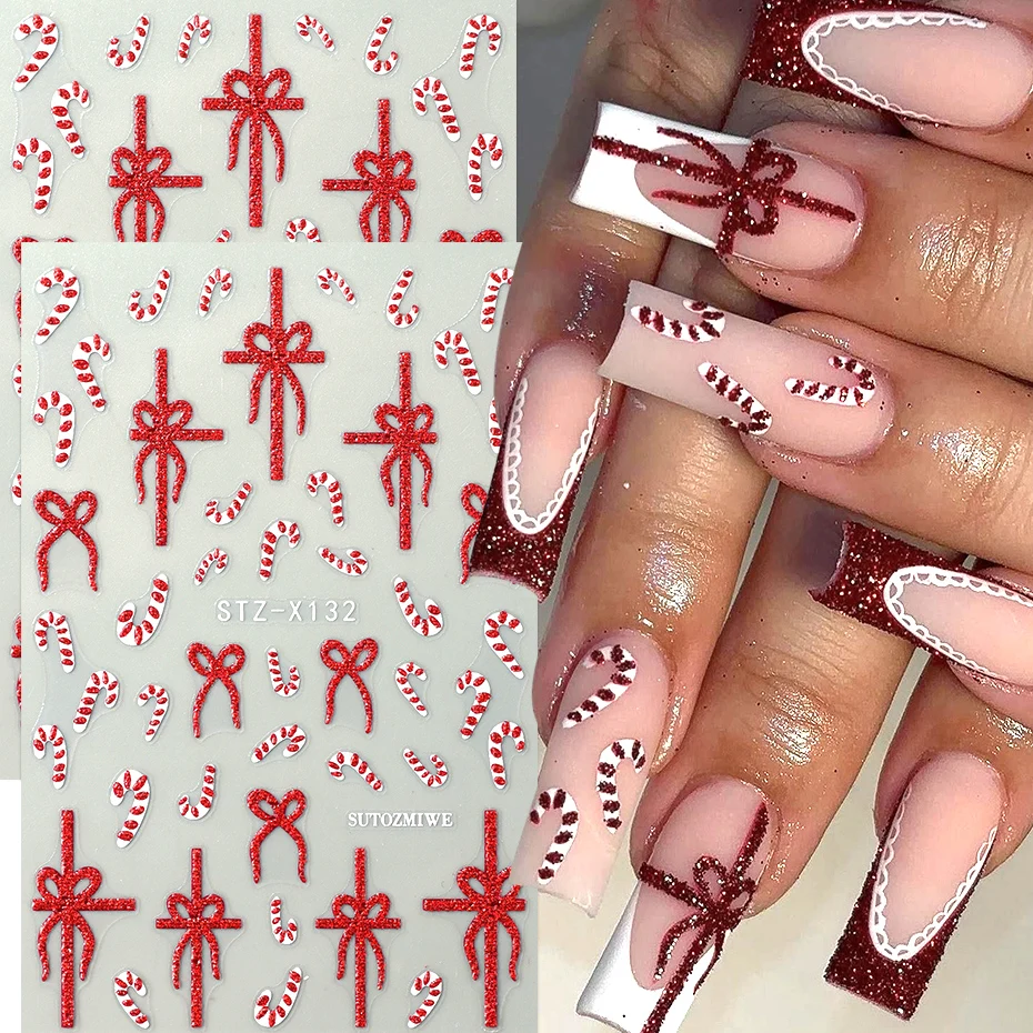2pcs Christmas Red Bow & Candy Cane Glitter Ribbon Nail Art Sticker Winter Holiday Decal French Tip Xmas Party Manicure Slider
