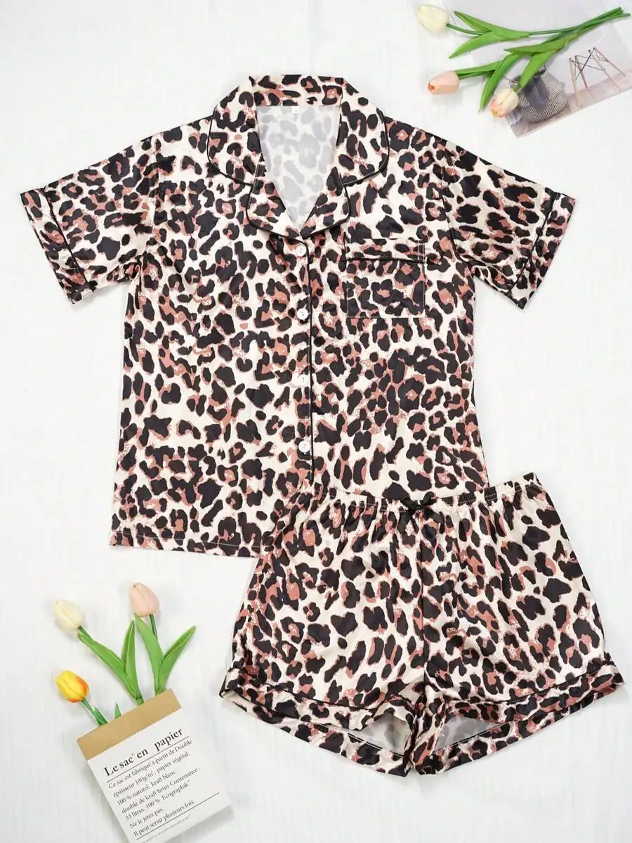 

2PCS Women Satin Pajama Set Button Down Short Sleeve Leopard Print Sleepwear