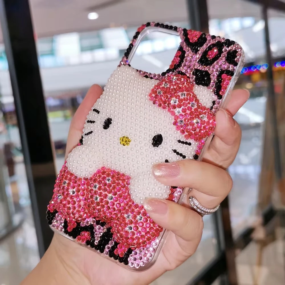 

Cartoon Hello Kitty Rhinestone Bling Crystal Phone Case Chain for Iphone 16 12 13 14 15Pro Max X Xs Xr 7 8 Plus Se 2 3 10 Kawaii