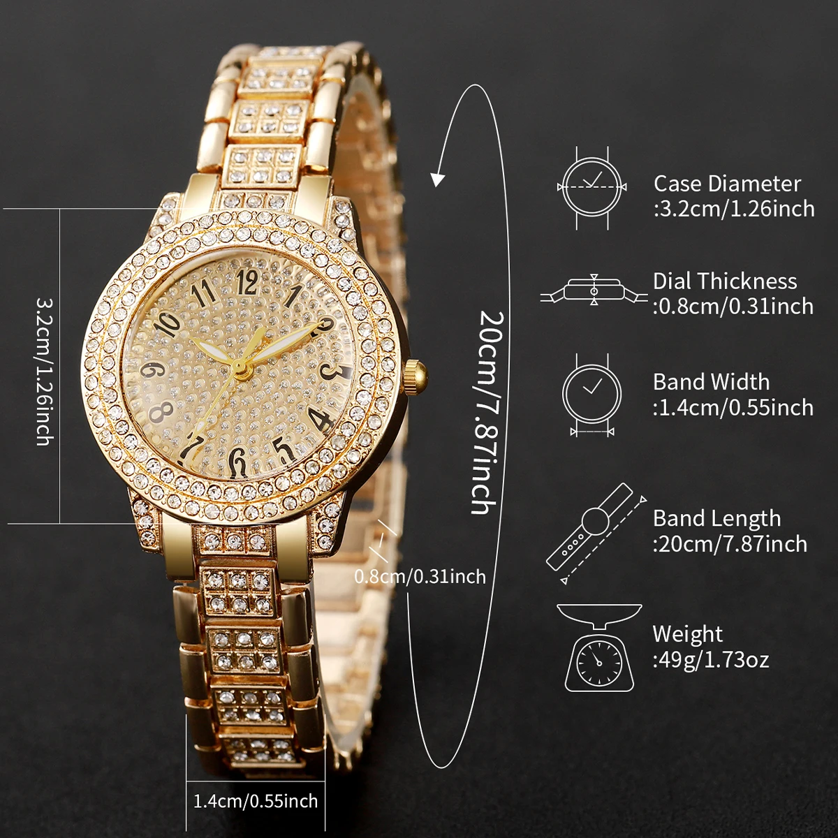 6PCS Fashion Full Diamond Women\'s Watch Gold Steel Band Analog Quartz Watches Jewelry Set(Without Box)