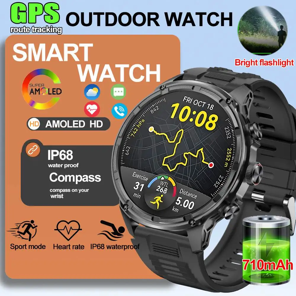 

For Huawei Xiaomi GPS Smart Watch Men 710 Ah Battery AMOLED HD Screen Heart Rate Bluetooth Call IP68 Waterproof SmartWatch New