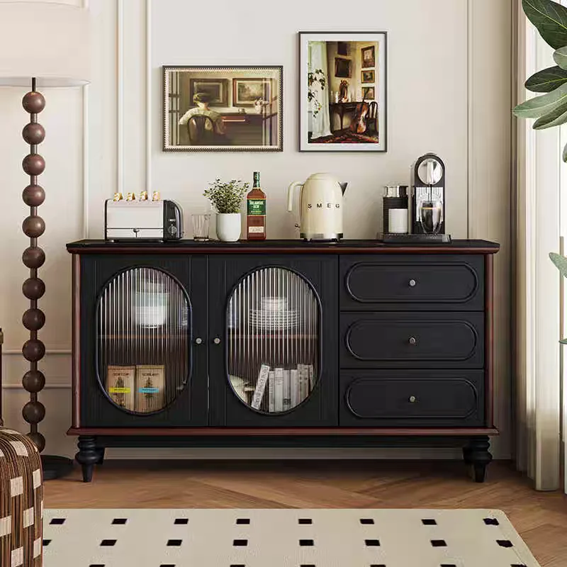 

Medieval light luxury solid wood dining side cabinet, modern simple high-end two-color curved side cabinet, French retro living