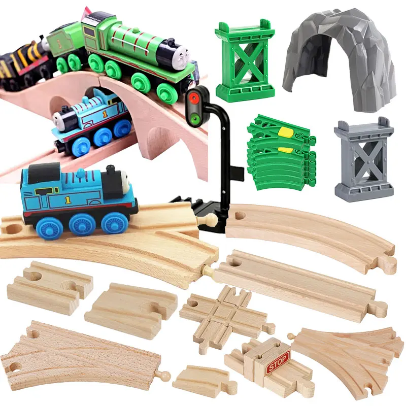 Juguetes de vía de tren de madera, accesorios de rieles ferroviarios aptos para tren Thomas, conector de carretera, puente, ferrocarril de madera, regalo de Navidad para niños