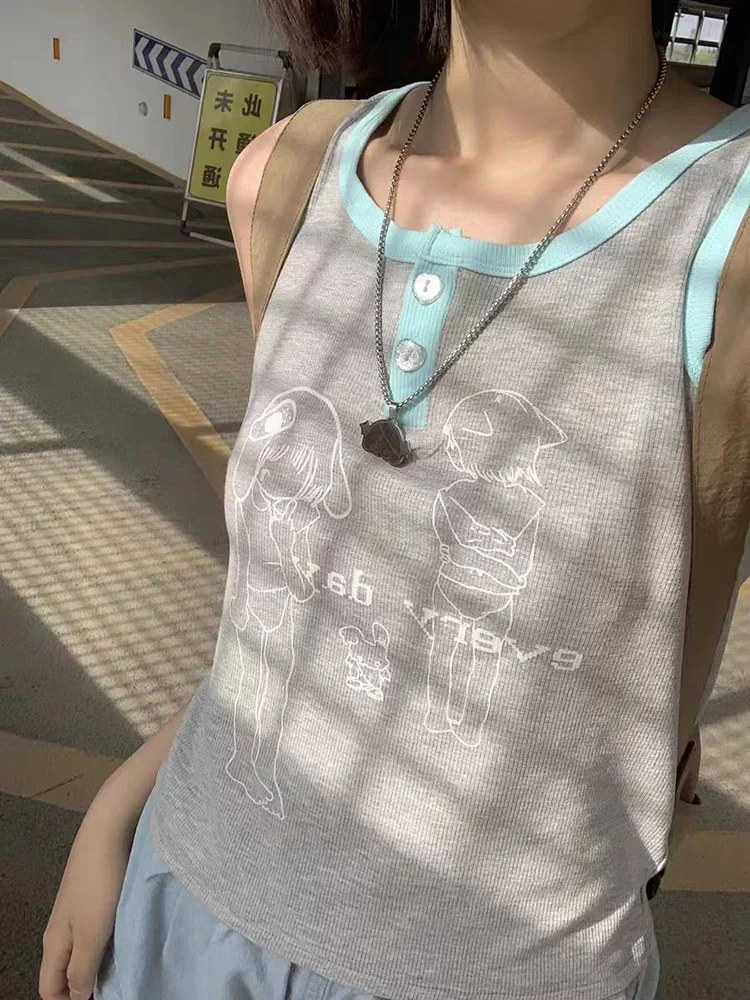 

Y2K Aesthetic Cartoon Print Vest Women Vintage Grunge Casual Camisole Summer Streetwear Contrast Color Patchwork Tanks Ladies