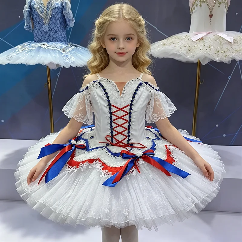 Womens Lace Flutter Sleeve V Neck Ballet Tutu Performance Dress Red Blue Cross Lacing Bow Contrast Trim Pure White Glitter Skirt