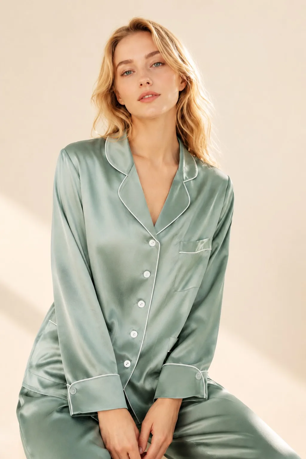 100% Mulberry Silk Pajama Set, Premium Silk Sleepwear for Women, Luxurious Button Down Pajama Long Sleeve with Pockets, Soft Anti-Aging Nightwear