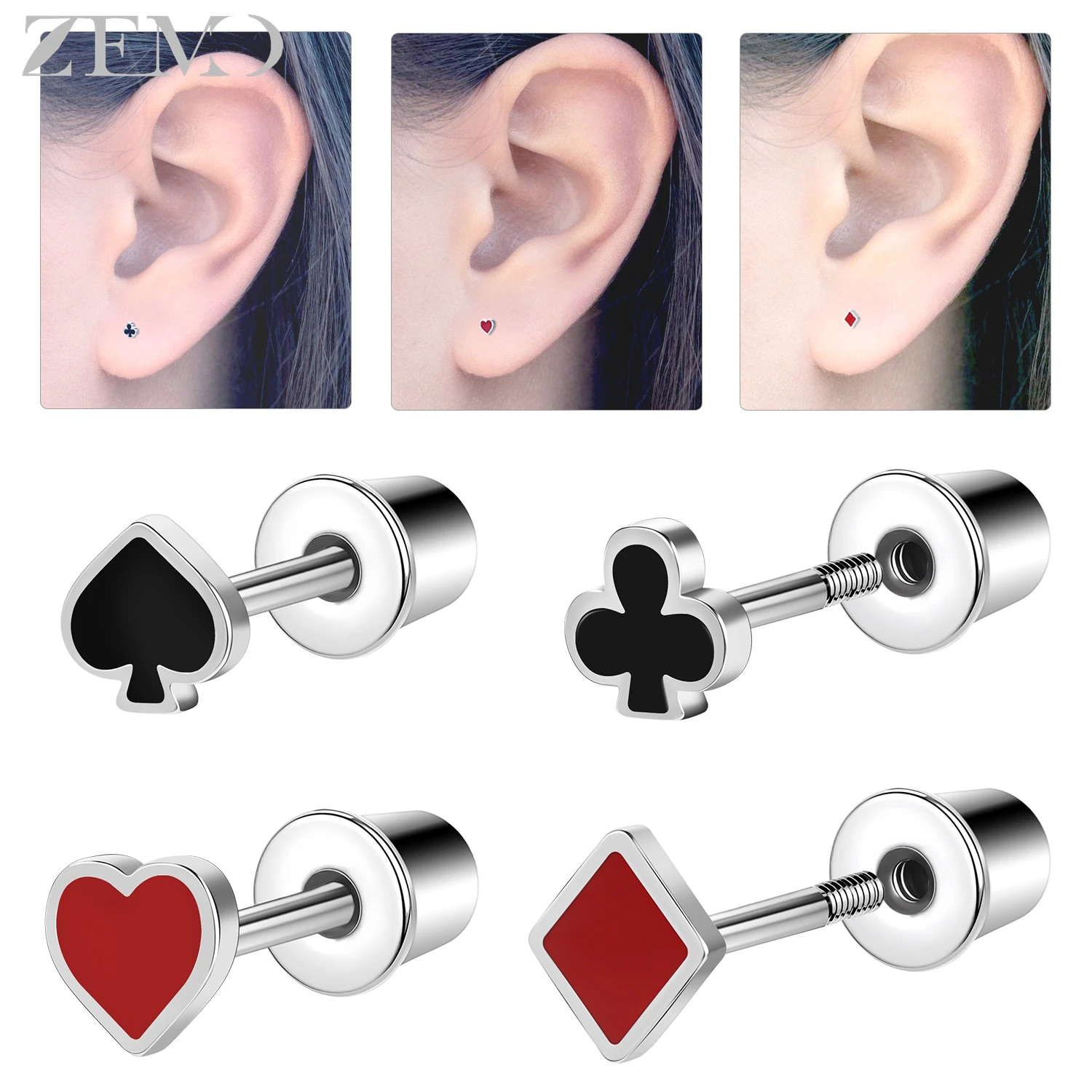 ZEMO 1 Piece 20G Stainless Steel Stud Earrings Poker Ear Studs Playing Cards Spades Clubs Cartilage Conch Helix Lobe Piercings