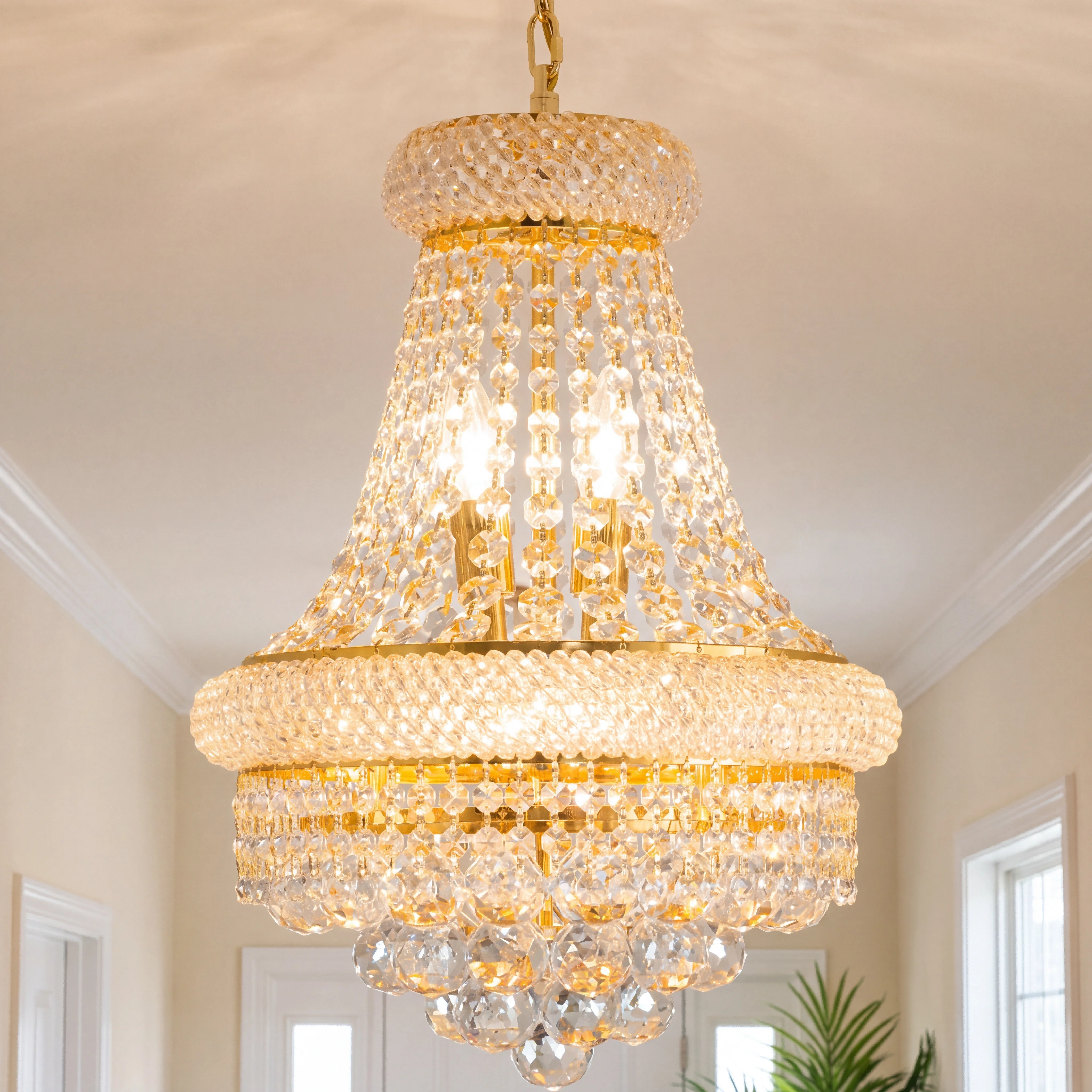 Lampadario moderno di lusso in cristallo dorato, lampada a sospensione in cristallo K9 di alta qualità, stile impero, con 6 luci, intensità regolabile, altezza regolabile, attacco E14, compatibile con