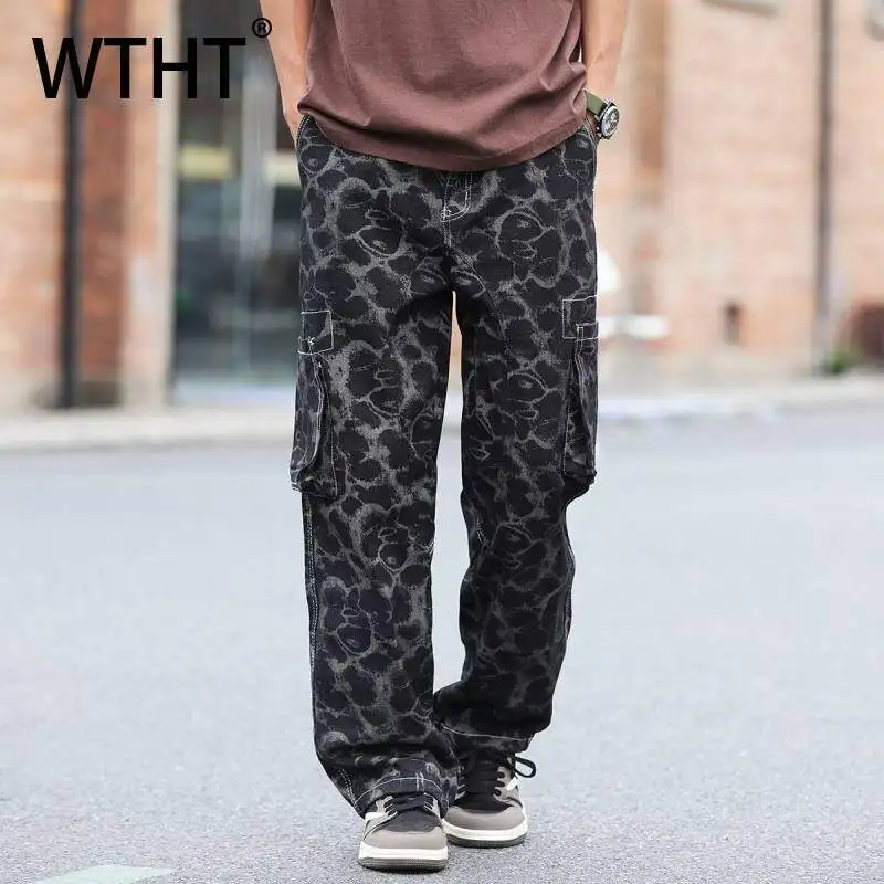 

WTHT Fashion Men's Leopard Print Pockets High Street Denim Pants Vintage 2025 Summer Casual Straight Wide Leg Jeans Male 2A1219