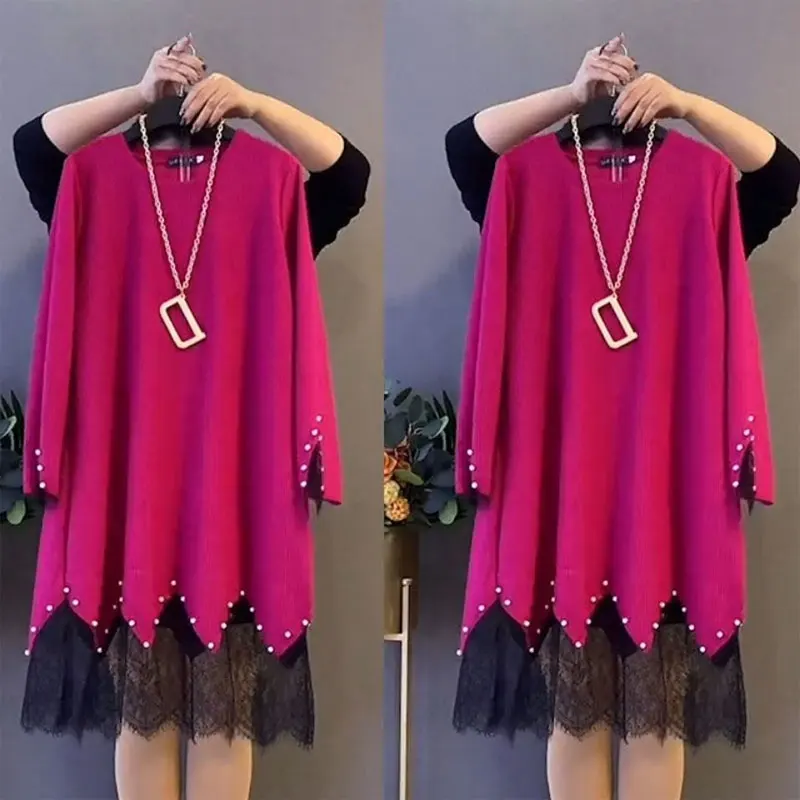 

Autumn Winter New Fashion Midi Dress Casual Solid Color Lace Patchwork Commute Straight Korean Embroidered Flares O-Neck Dresses