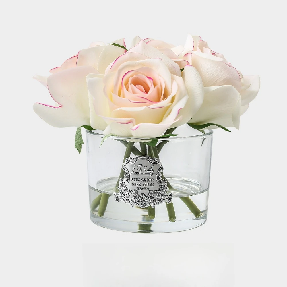 Artificial Rose Flower and Glass Vase and 10ml Essential Oil,Silk Flower Glass Bottle Set For Wedding, Hotel Banquet, Home Decor