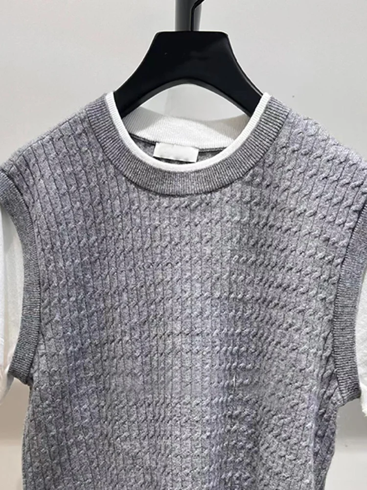 

SIVOS High-End European Sle Women's Summer Knitted Top Fake Two-Piece Set Regular Fit Button Detail ort Sve round Ne