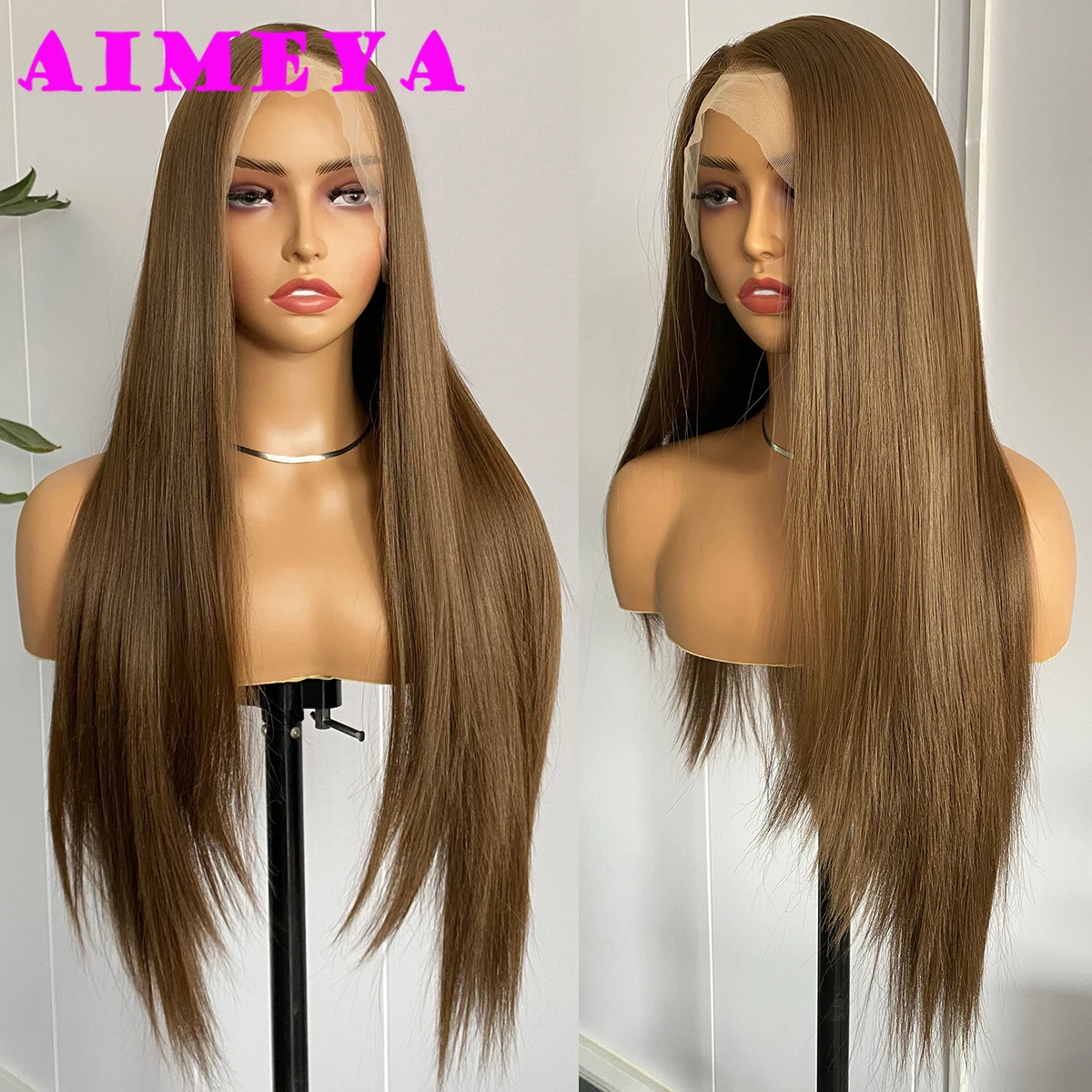 AIMEYA Lange gerade braune Perücke 13x4 Lace Front Perücke seidig glatt Kunsthaar leimlos täglicher Gebrauch Cosplay Damen Perücke natürlich