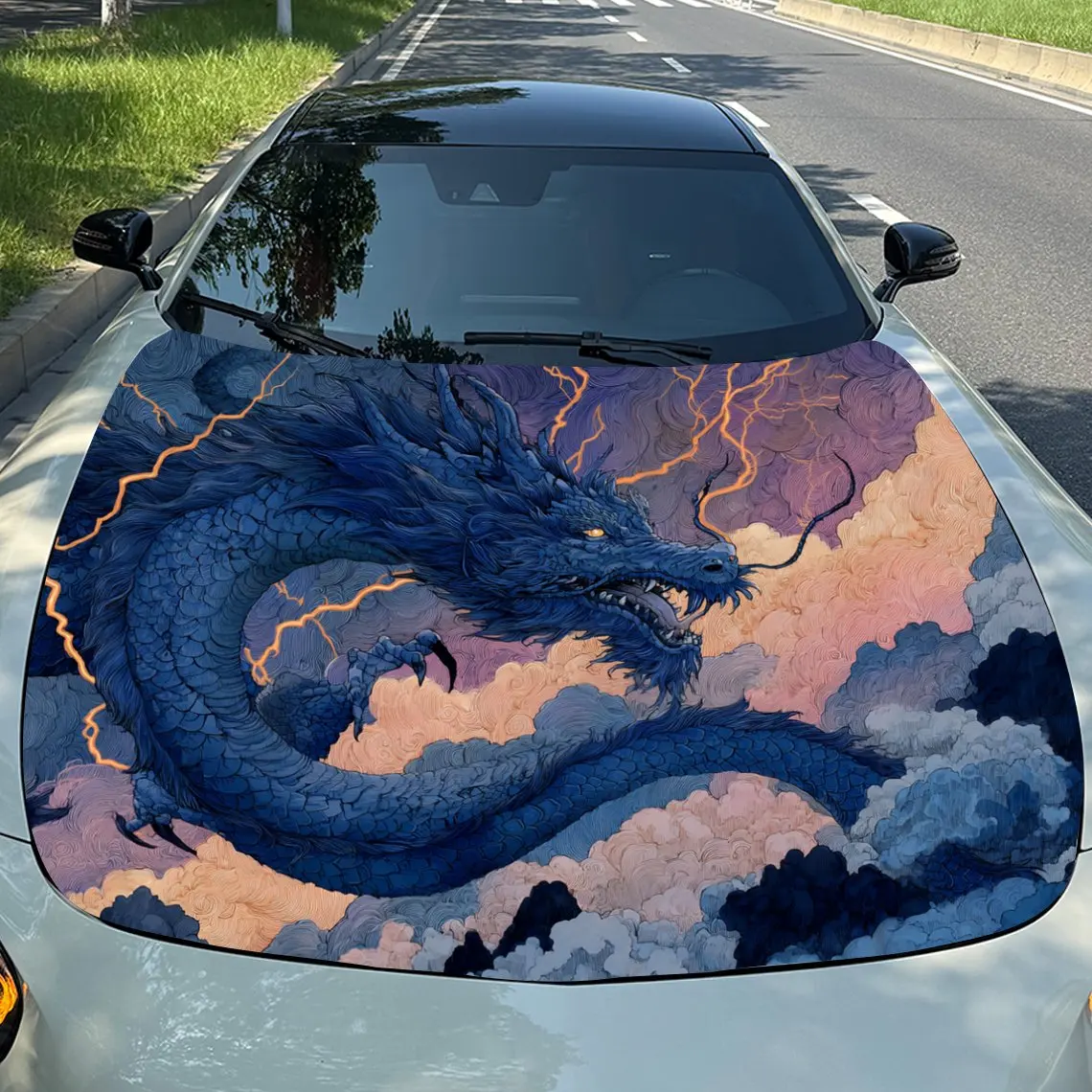 Lightning Dragon Car Hood PVC Sticker, Durable Vinyl Wrap Film Suitable For Most Vehicles, Car Hood Protective Film Gift