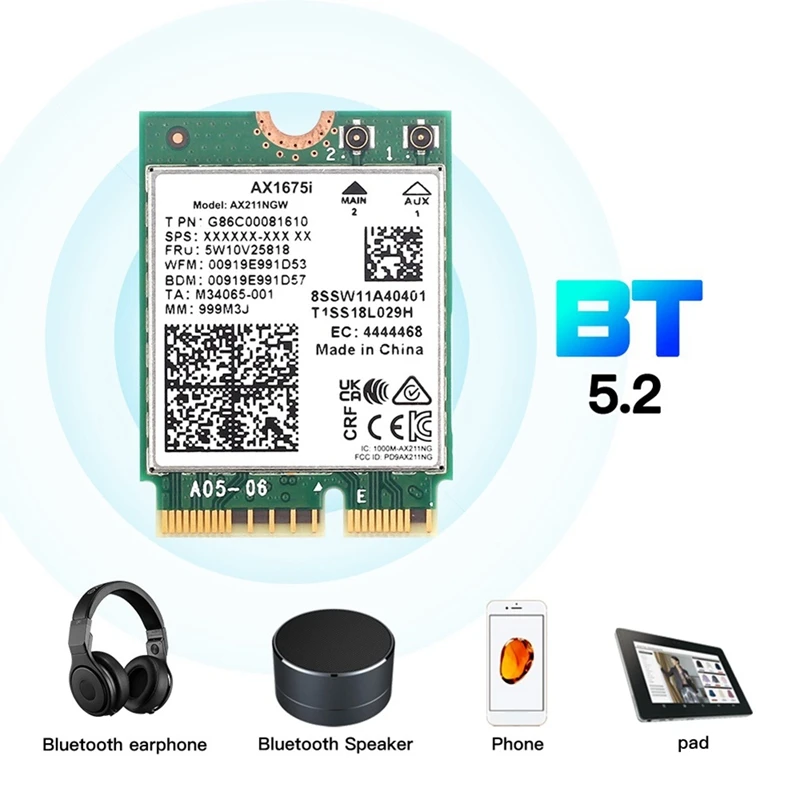 AX1675I WIFI Card+2Xantenna Wifi 6E M.2 Key E Cnvio 2 Tri Band Parts Kit 2.4G/5G/6Ghz Wireless Card AX211 BT 5.2 Support Win 10