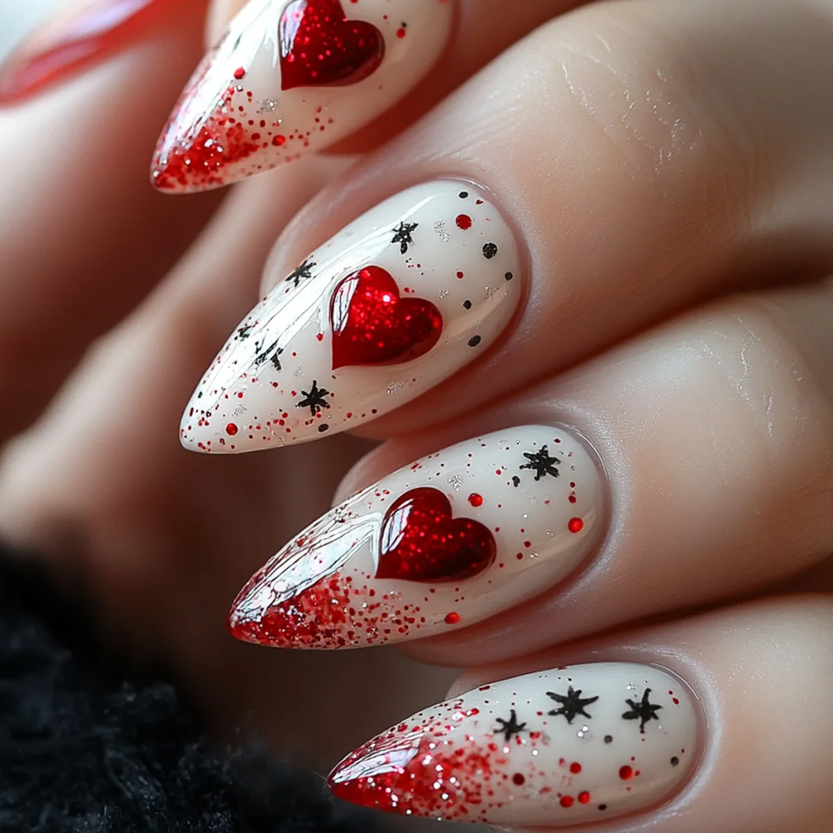 Mittellange künstliche Nägel für Frauen und Mädchen, vollständig bedeckende Mandel-Nagelspitzen, schwarz-rot mit Herzen und Punkten für den Valentinstag, zum Aufkleben.