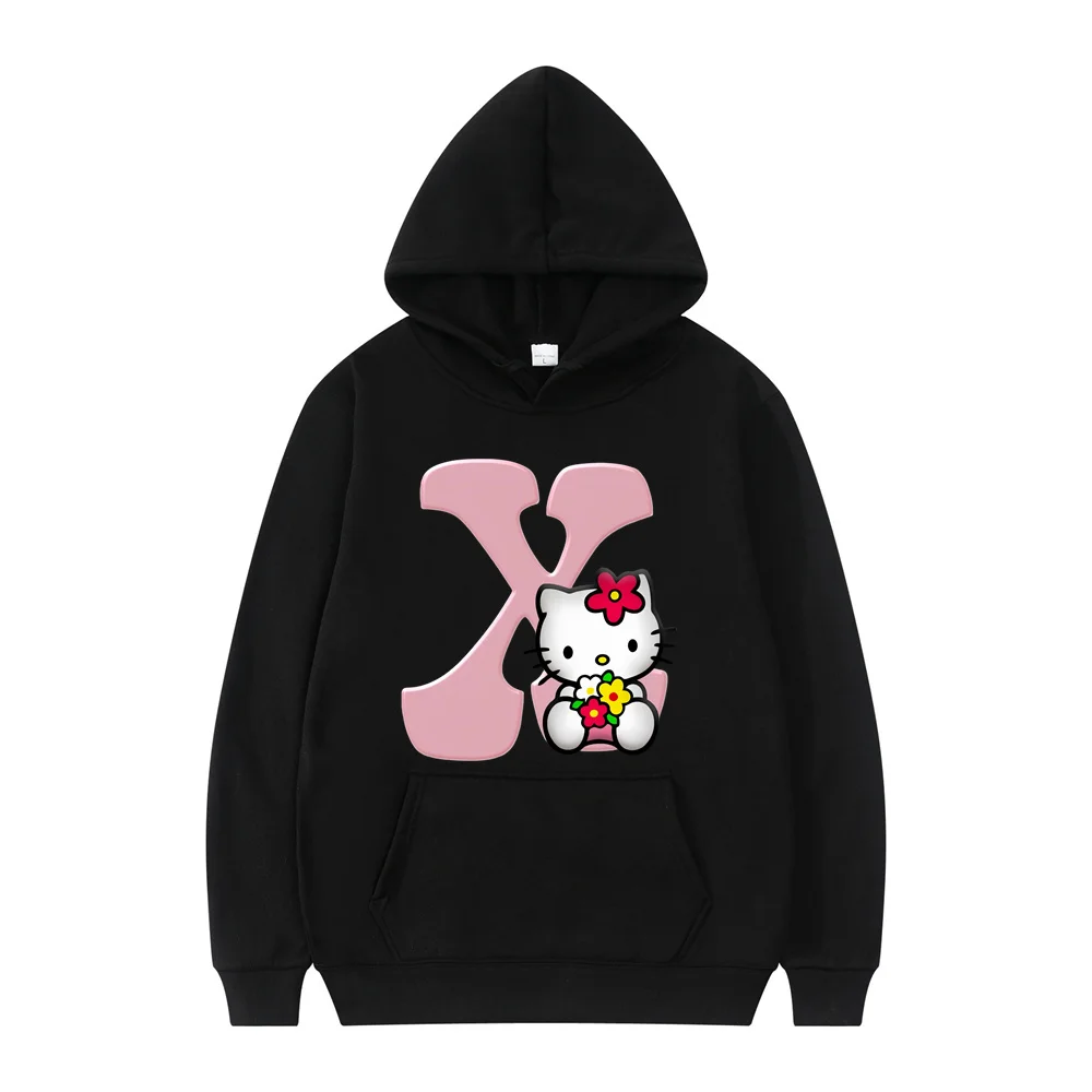 

New Hello Kitty Autumn Black Hoodies Letter A B C D Sweatshirts Girls Clothes Kawaii Pullover Anime Cartoons Woman Casual Tops