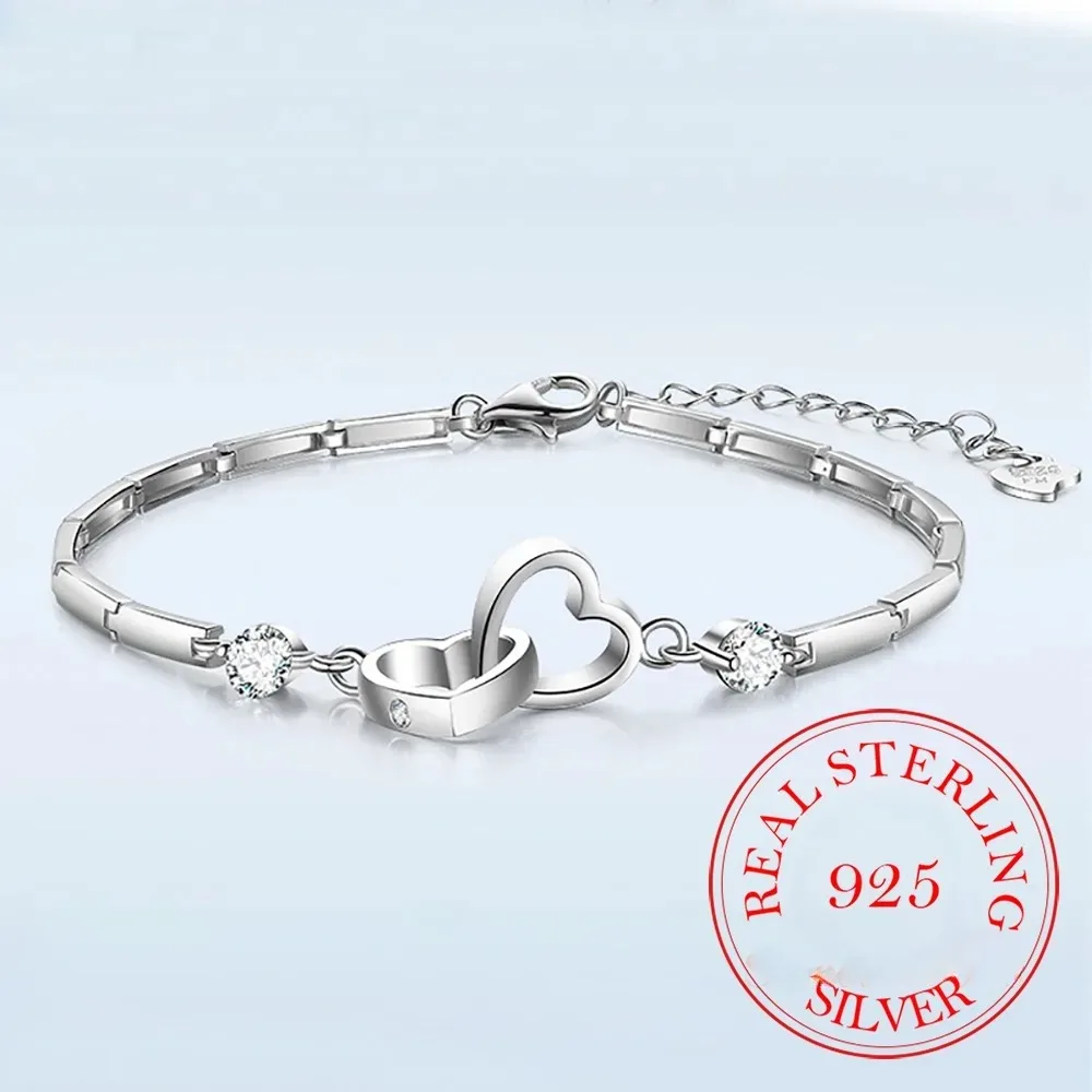 

New Charms 925 Sterling Silver Bracelets Bangles for Women Valentine's Days Gift Cubic Zircon Double Heart Bracelet Jewelry