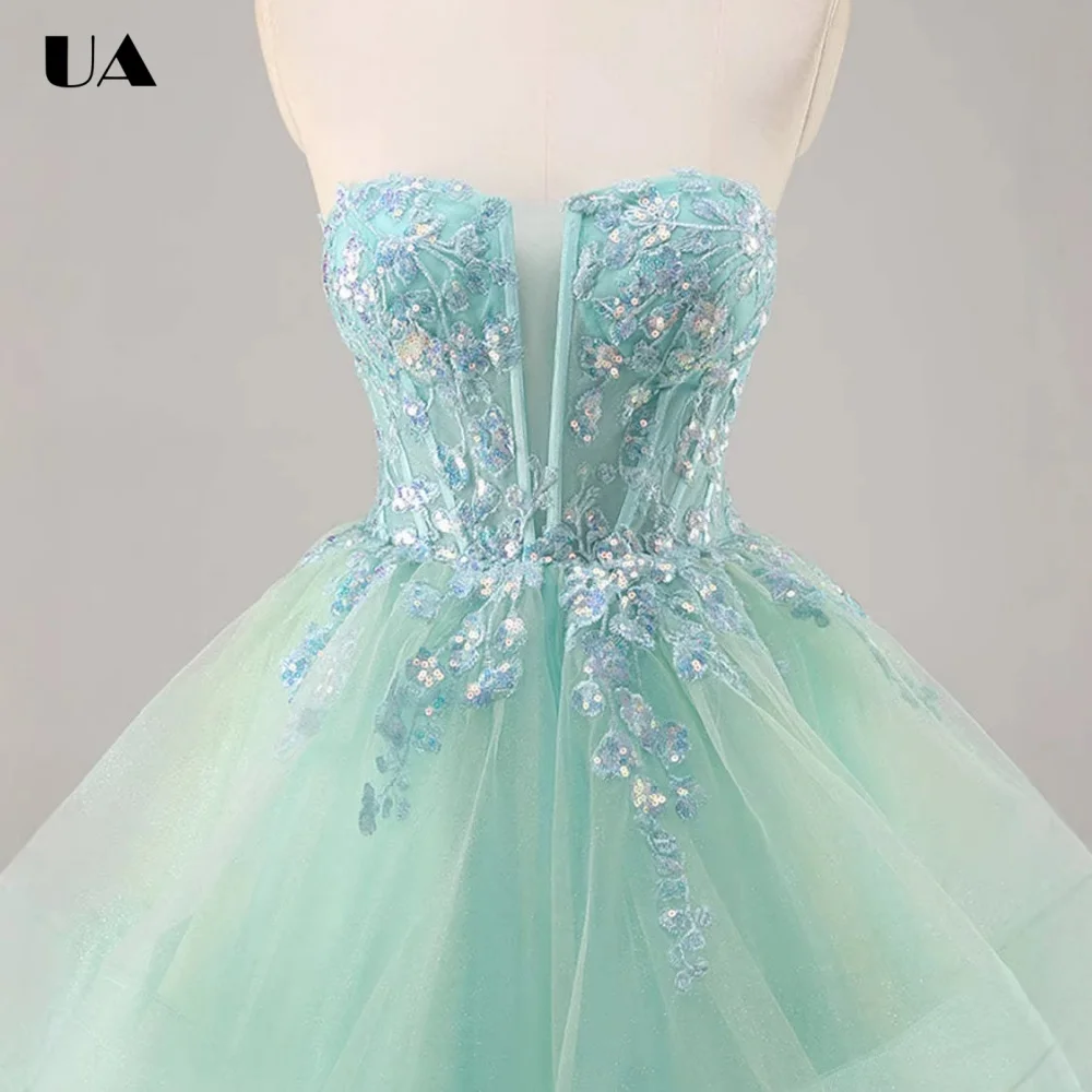 

ULBYANRY Customized Mesh Strapless Ruffled Evening Dresses for Women Sparkly Appliques Party Dress, Elegant Backless Ball Gown