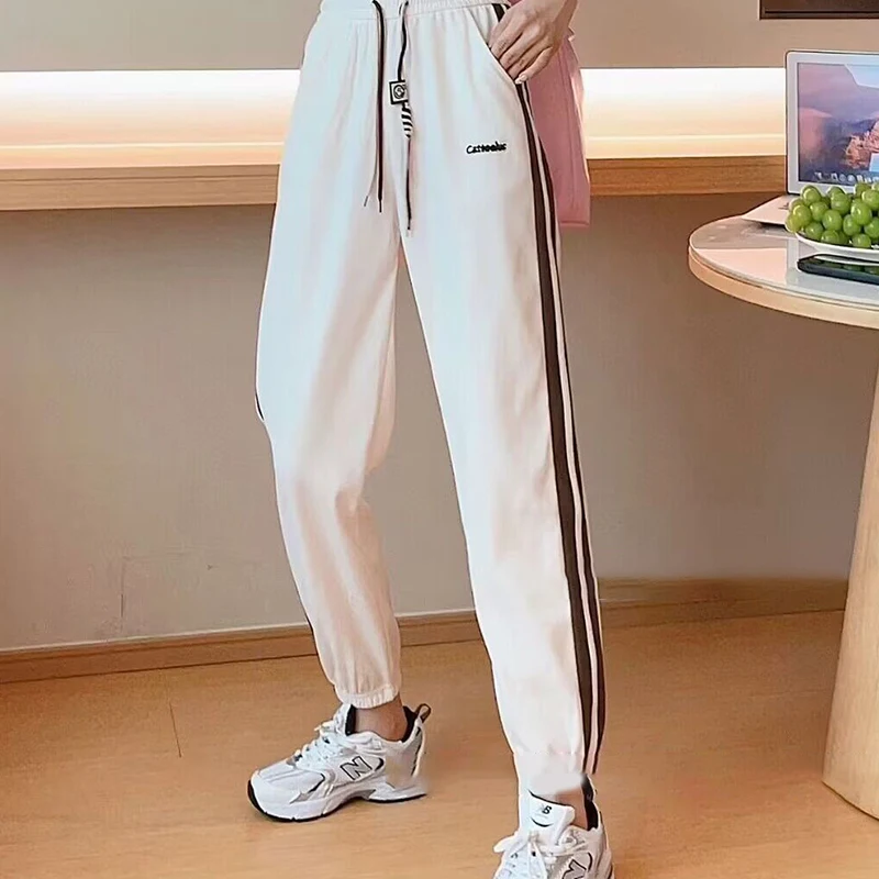 

Fashion Color Contrast Retro Casual Elastic Waist Drawstring Trousers For Women