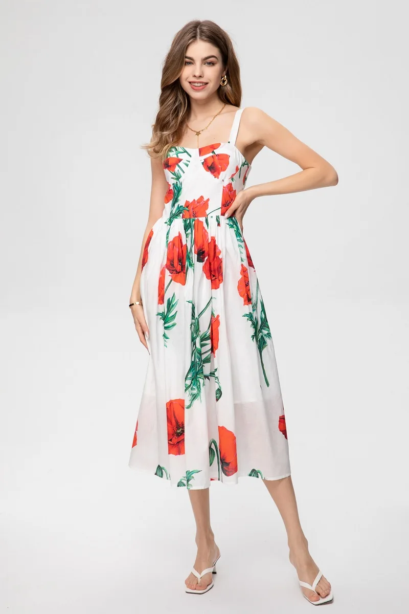 

Bohemian Dress 2023 Summer Fashion Style Women Spaghetti Strap Red Floral Green Leaves Prints Sleeveless Casual Beach Dress