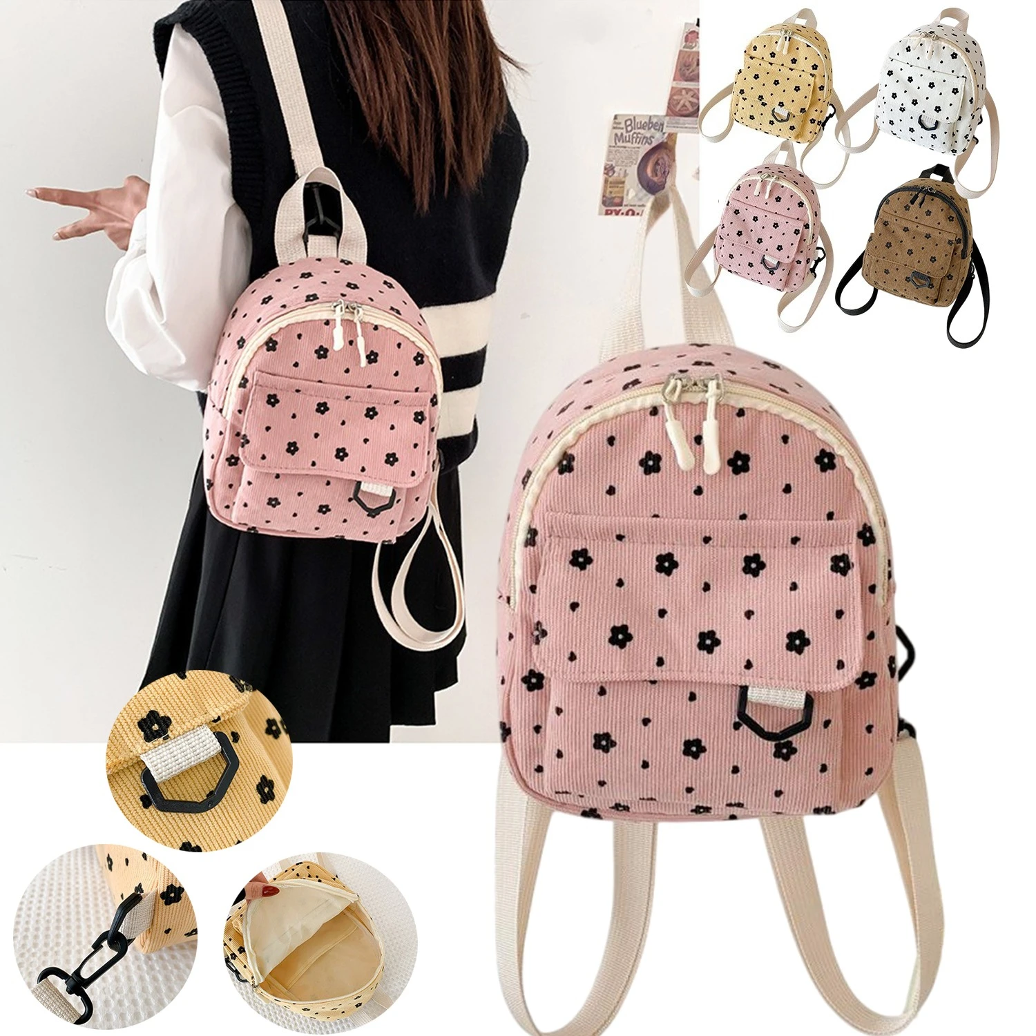 

Corduroy Mini Backpack with Flower Detail for Kids New Cute Print Zipper Princess Girl Travel Bags,for Commuting and School