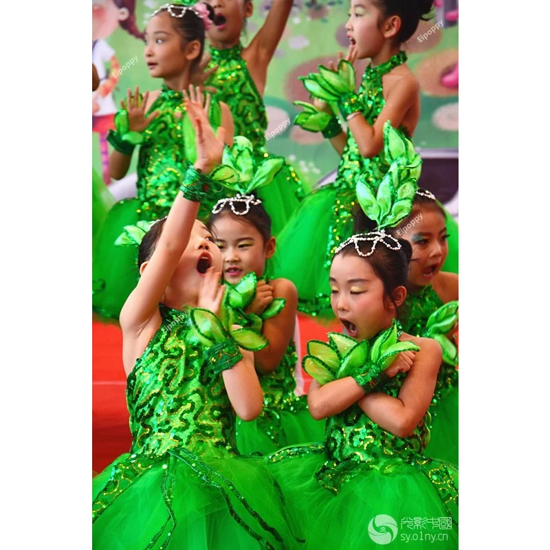 

Танцевальный костюм китайского ветра, танцевальное платье с маленьким деревом, костюм для выступлений, детский костюм в виде листьев, коллективная сценическая одежда