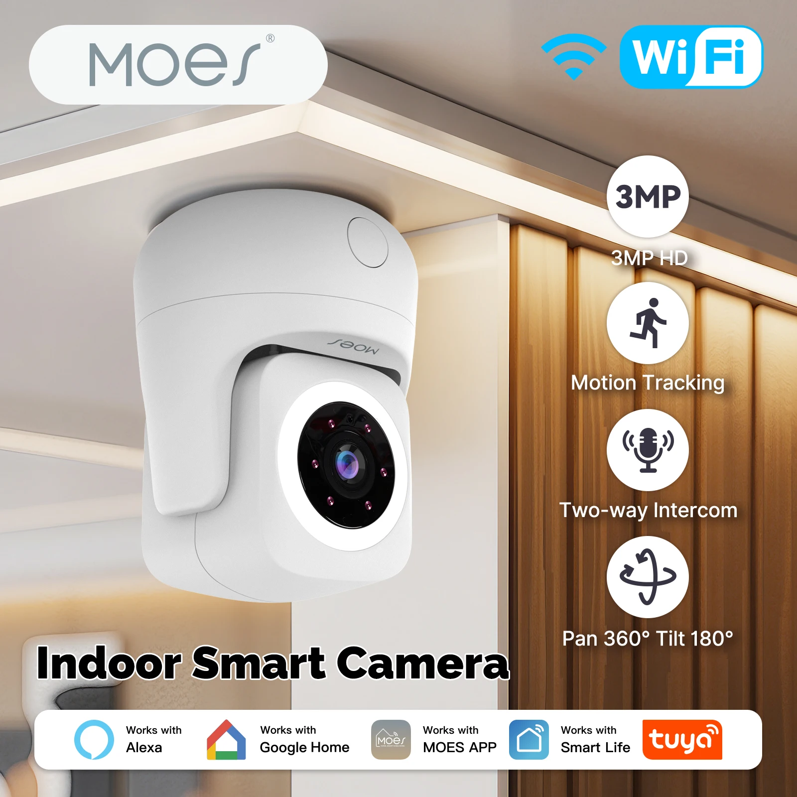 MOES Tuya WiFi Smart Camera Indoor 3MP HD Pan 360° Tilt 180° Home Monitoring Surveillace Work with Alexa Google Home