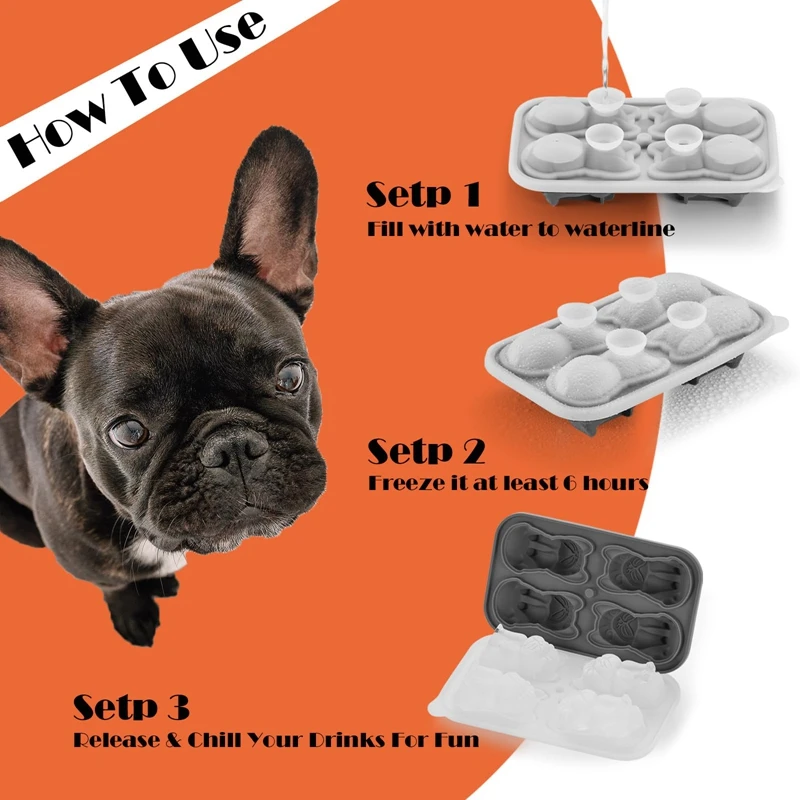 French Bulldog Ice-Cube Mold, 4 Hole Fun Shapes Frenchie Bull Dog Ice-Cube Tray For Whiskey,Cocktail,Bourbon Black Durable