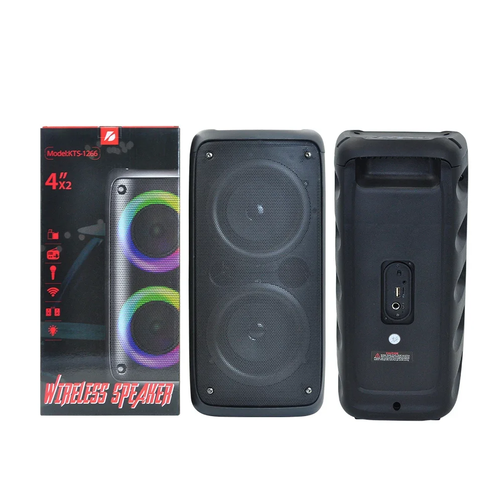 مزدوج 4 ''حفلة المتكلم بلوتوث في الهواء الطلق المحمولة مكبر الصوت اللاسلكي الموسيقى العمود دعم هيئة التصنيع العسكري راديو FM USB TF بطاقة مصباح ليد