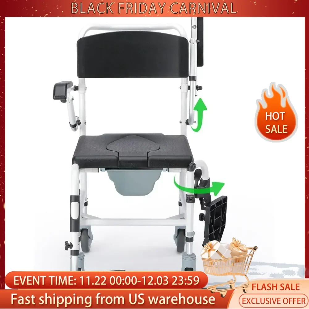 Shower Chair with Wheel Rolling Shower Chair with Drop Arms Shower Wheelchair Easy Transfer Chairs Mobile Potty  for Elderly