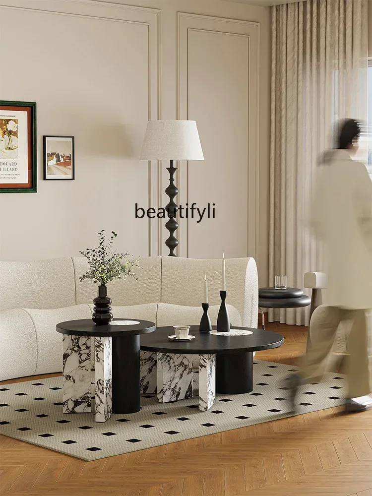 

yj58 Retro coffee table living room household light luxury small apartment combination marble solid wood