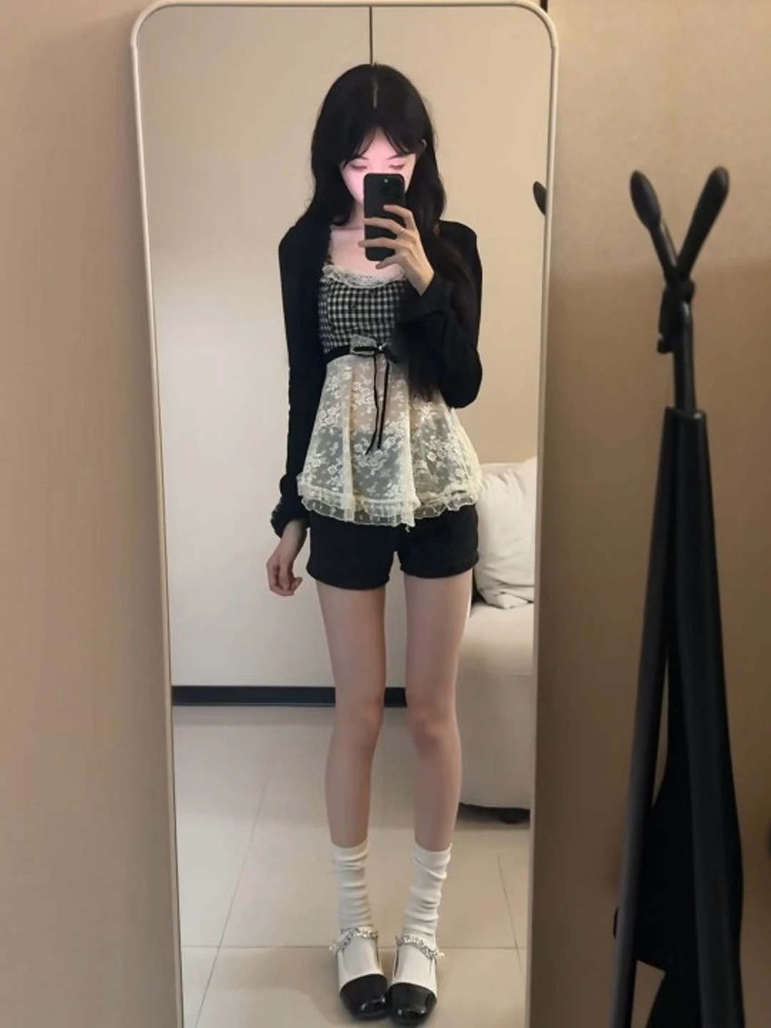 

Ретро-комплект из двух предметов: уникальный черный кардиган с открытыми плечами и кружевным узлом, маленький размер, весенний, модный, удобный, теплый