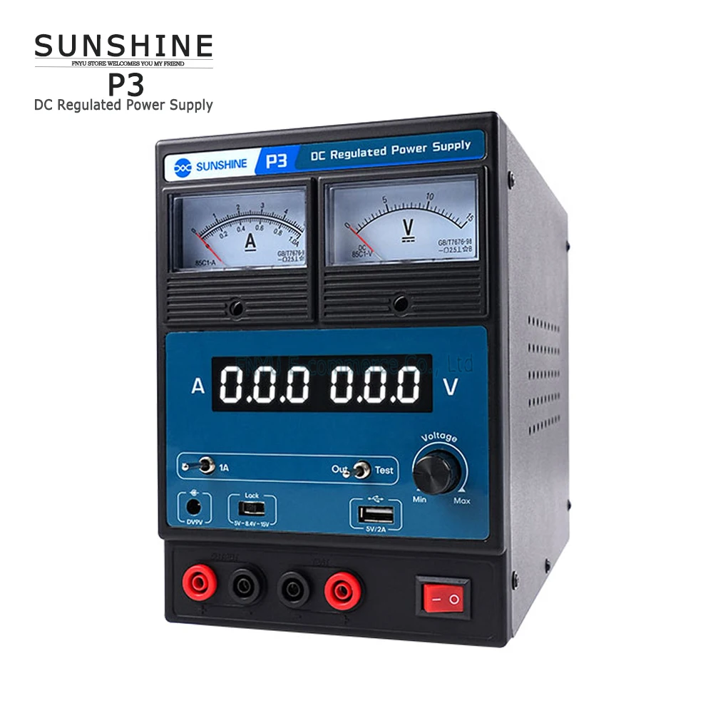 

DC Power Supply SUNSHINE P3 5V/8.4V/15V Voltage Output A/V Dual LED Display Dual Pointer Intelligent Regulated Adjustable Supply