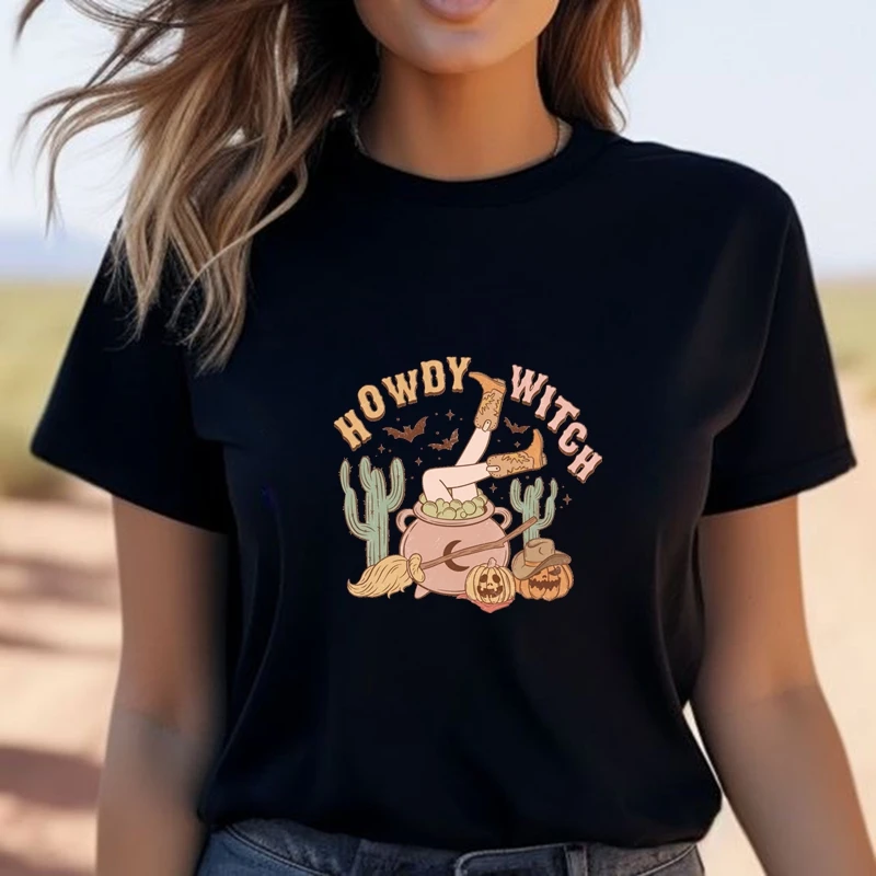 سعيد الهالوين! تي شيرت عصري مطبوع بنمط كلاسيكي. تي شيرت نسائي فضفاض من القطن كاجوال للحفلات الاحتفالية